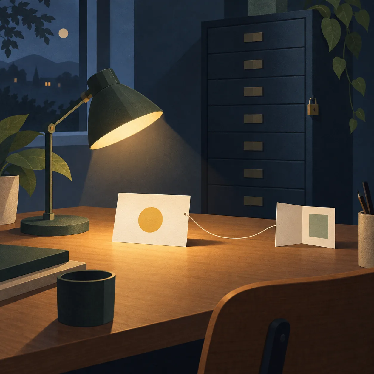 A single lit note card on a desk, with a closed cabinet of other records kept in shadow behind it.