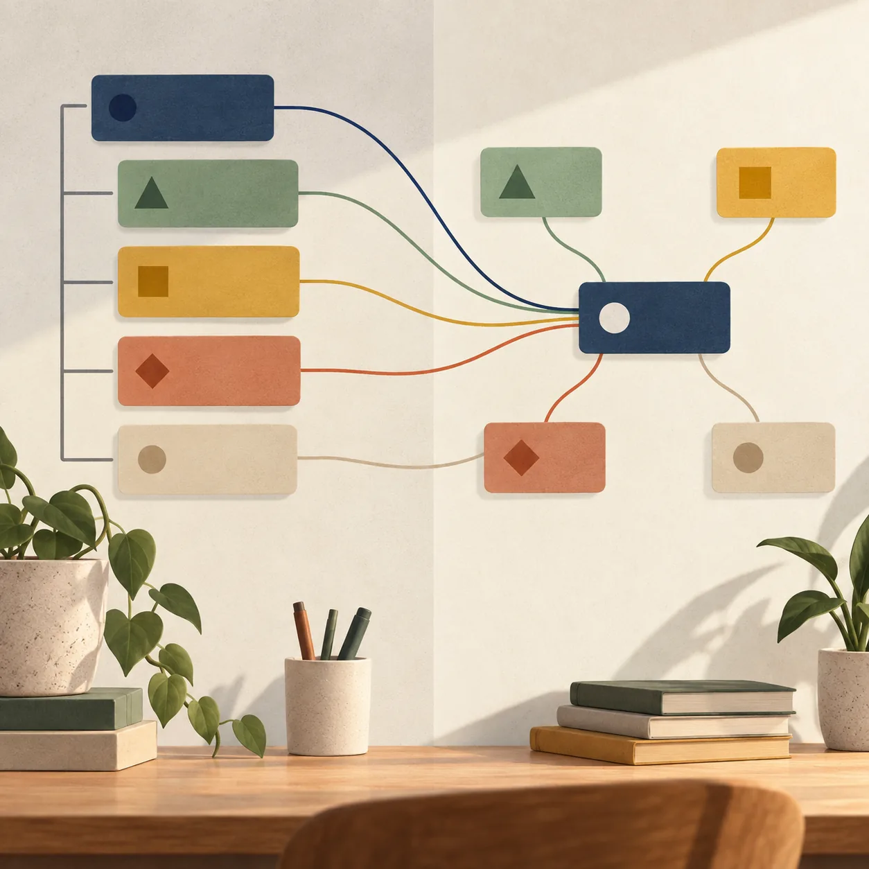 The same set of notes shown two ways: as an indented outline and as a mind map.