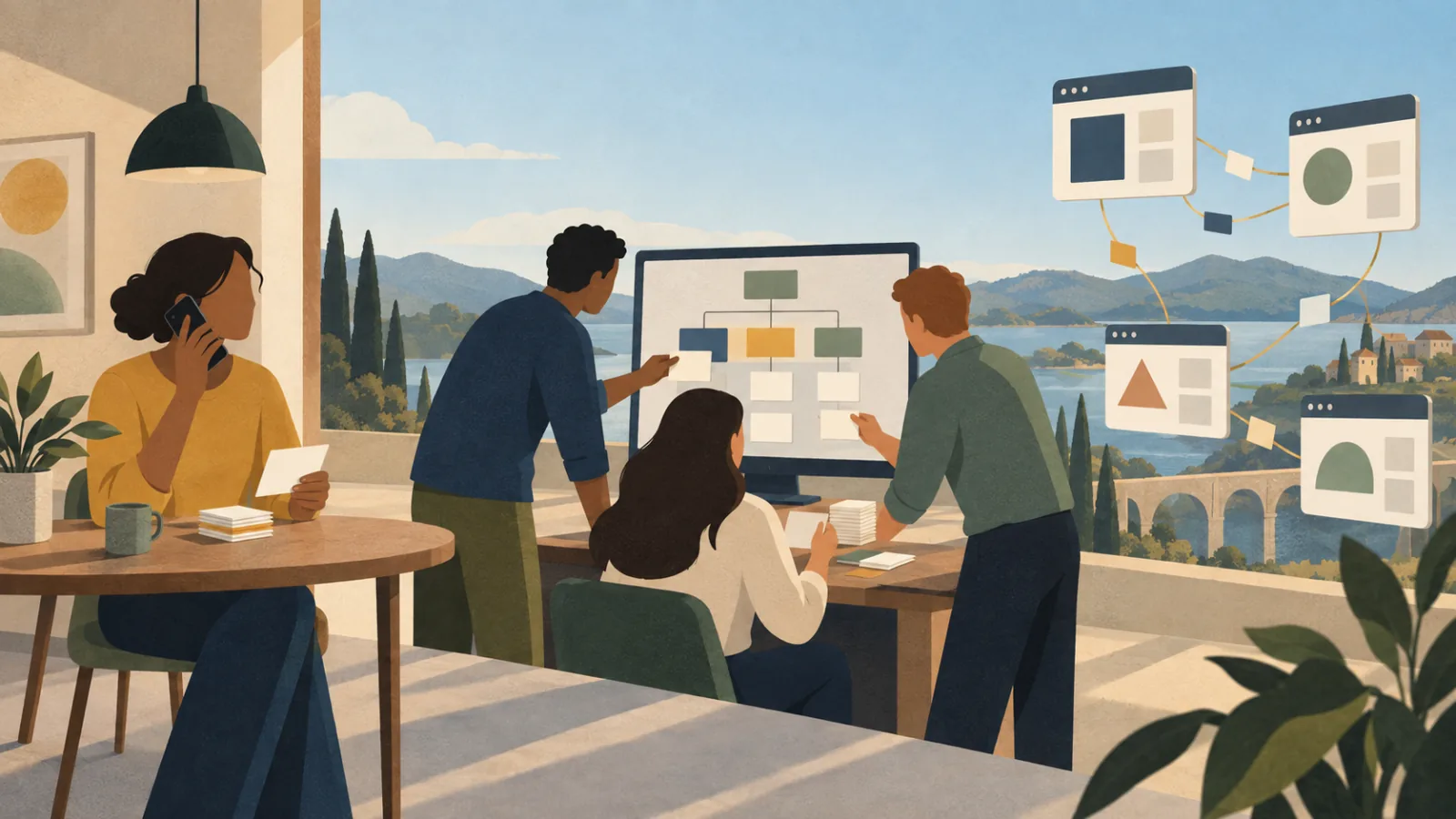 Three scenes side by side: a person with a phone, a small team at a shared screen, and apps linked by threads.
