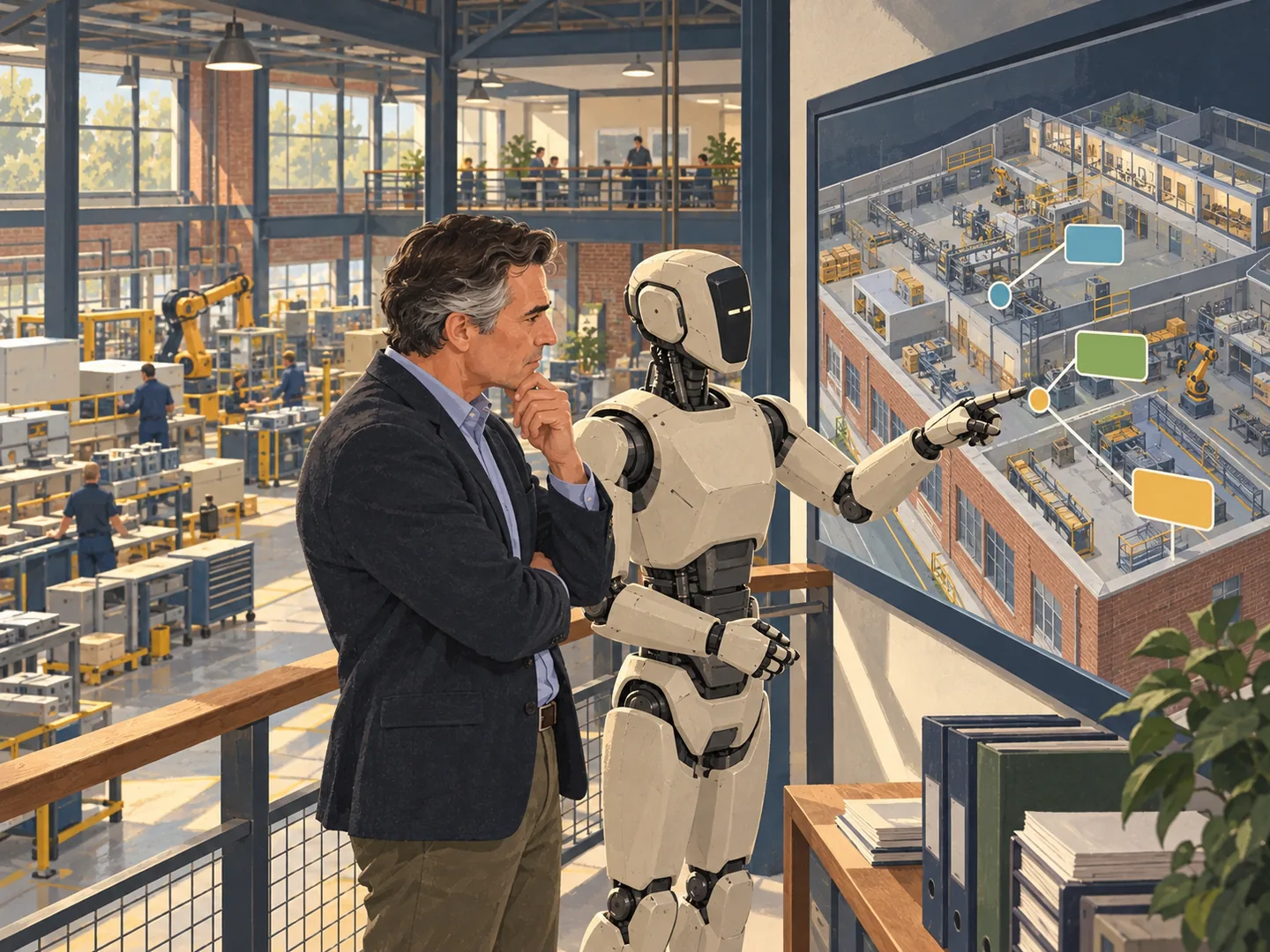 An operations director and humanoid review a digital twin of an established manufacturing facility.