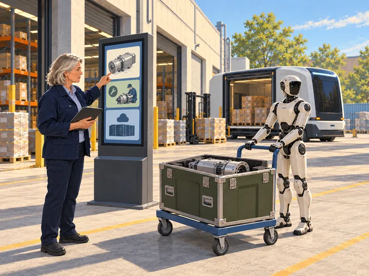 A procurement manager connects component, service and compute requirements with suppliers at an established business’s logistics entrance.
