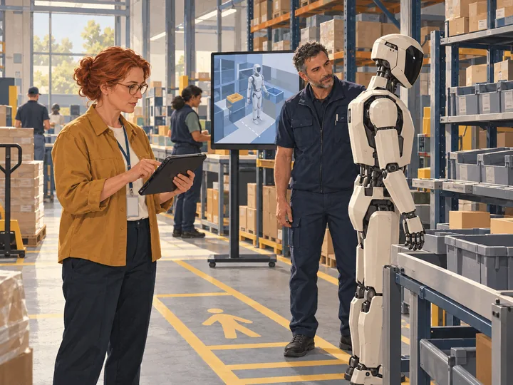A warehouse shift lead and technician qualify a humanoid for a bounded picking task beside a virtual training view.