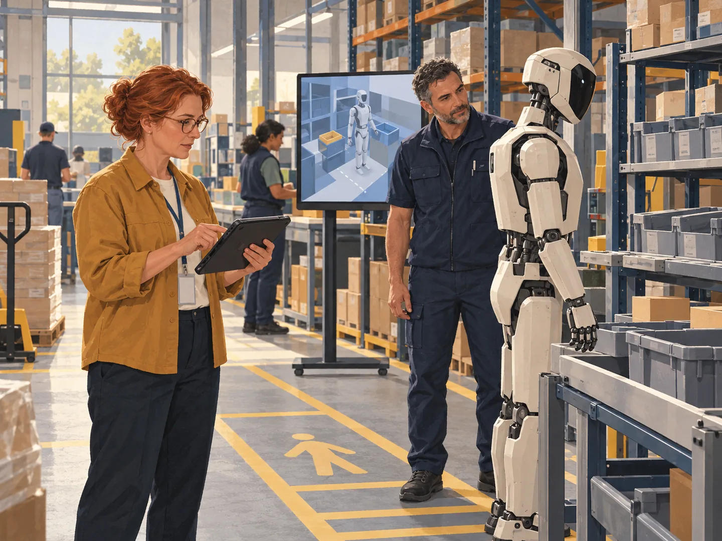 A warehouse shift lead and technician qualify a humanoid for a bounded picking task beside a virtual training view.