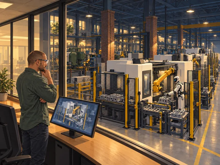 An engineer uses transparent AR glasses to review a proposed lights-out production line from a separated control booth.