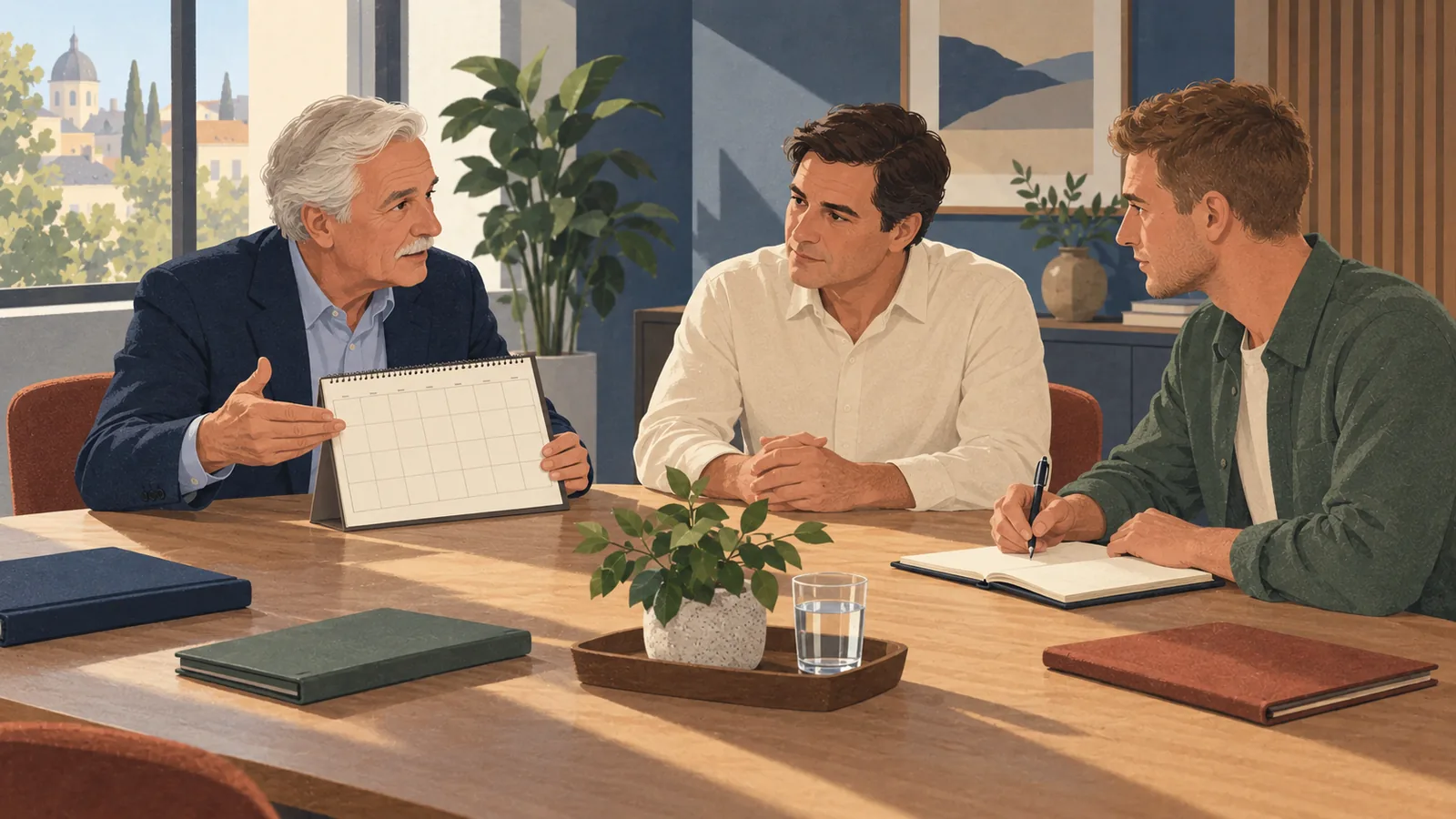A senior adviser, customer and coordinator examine a selected agreement and record separate responsibilities.
