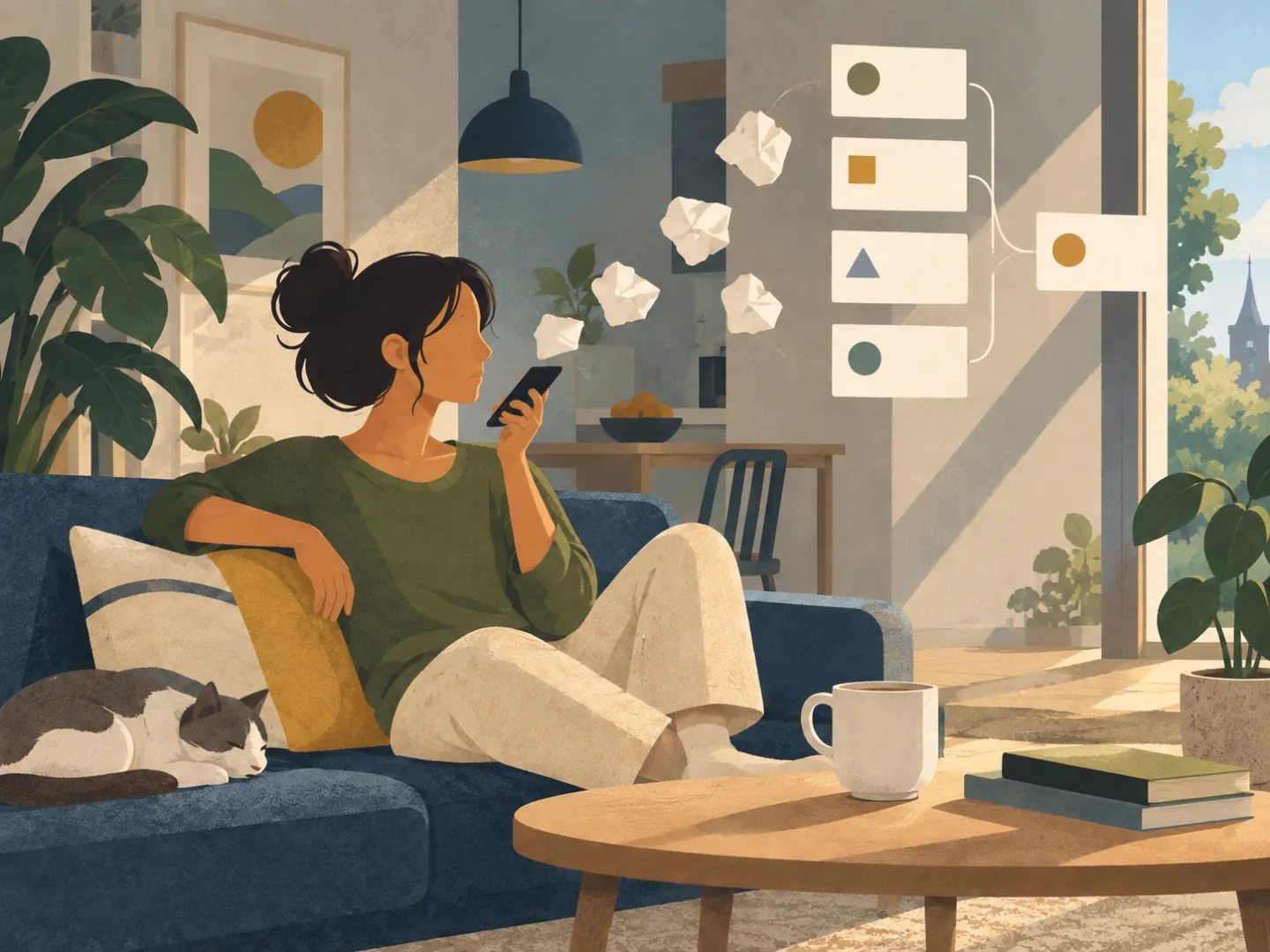 A person talks into a phone while their loose thoughts settle into a tidy outline beside them.