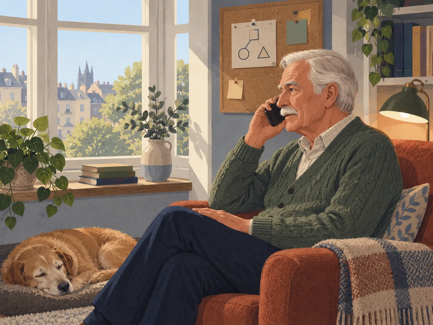 An older man considers a conversation on his phone in a quiet reading nook beside his sleeping dog.