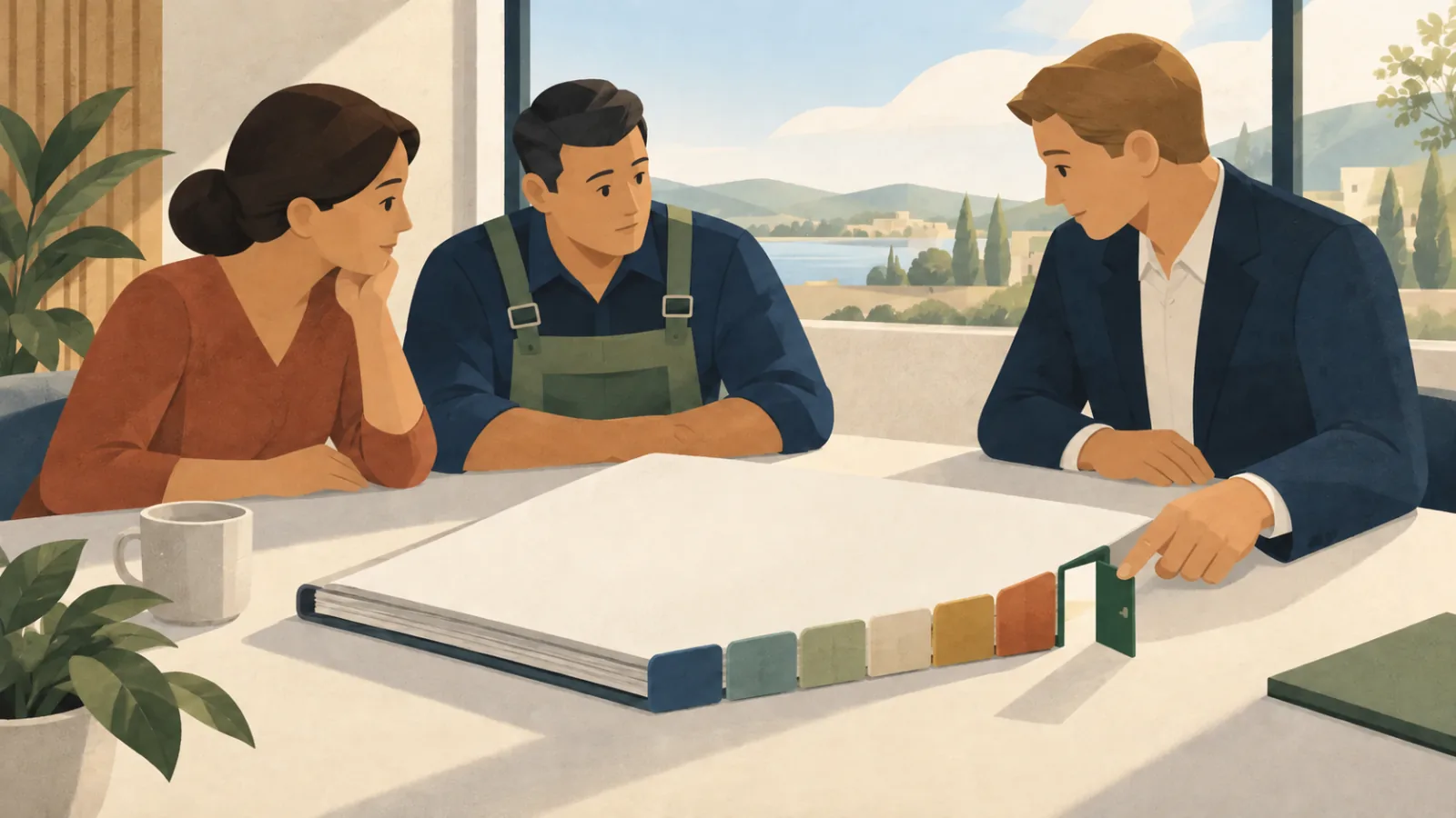 Three people review one agreement together: a customer, a service provider and a coordinator.