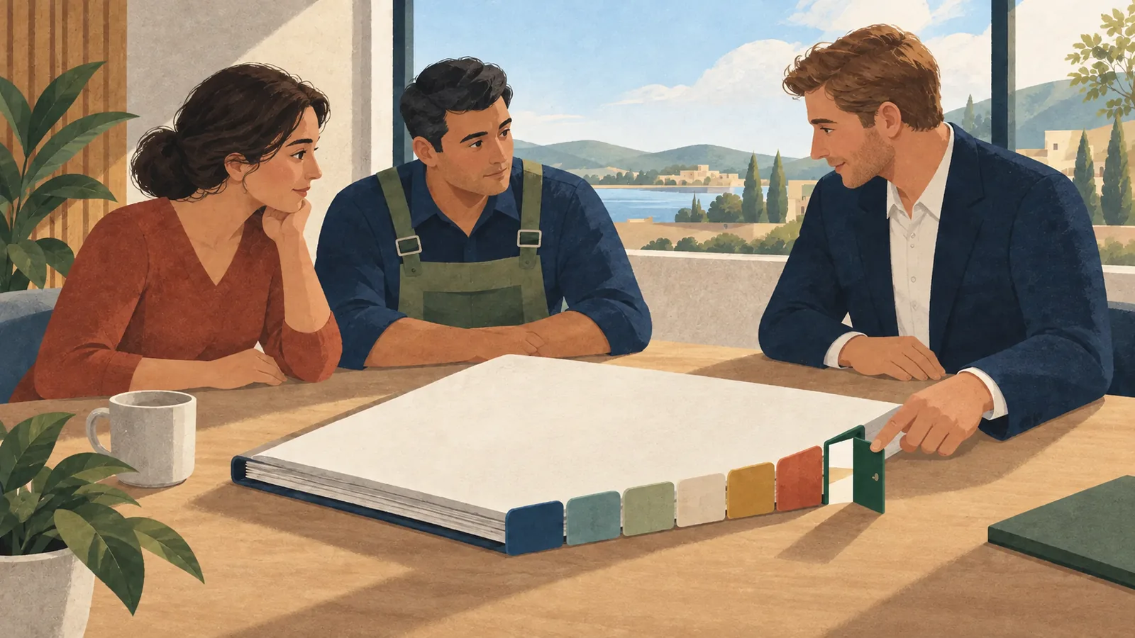 Three people review one agreement together: a customer, a service provider and a coordinator.
