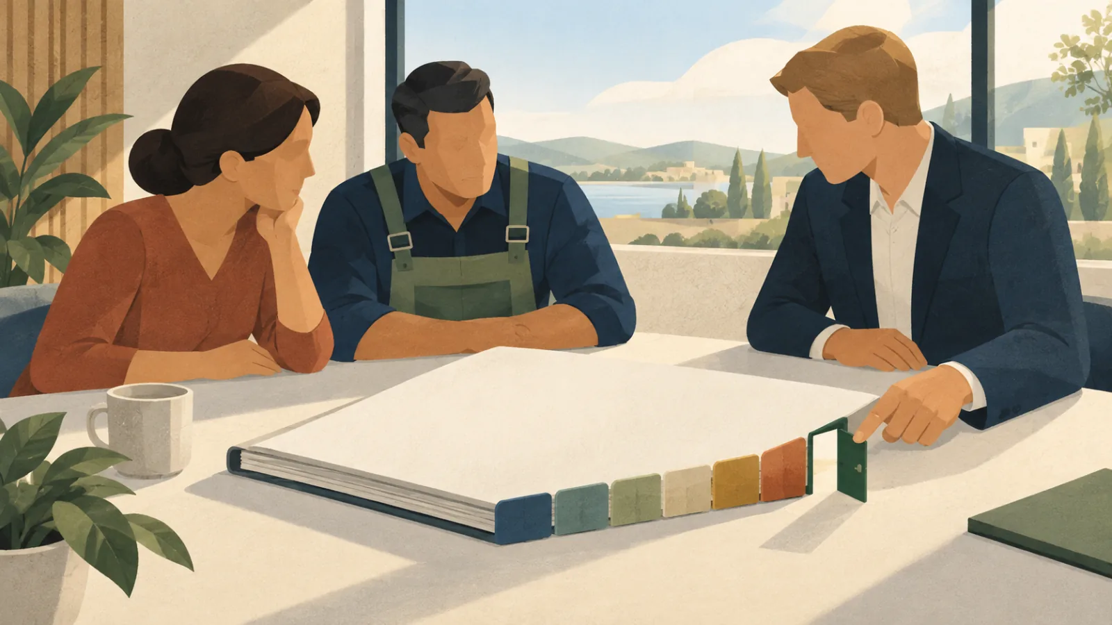 Three people review one agreement together: a customer, a service provider and a coordinator.